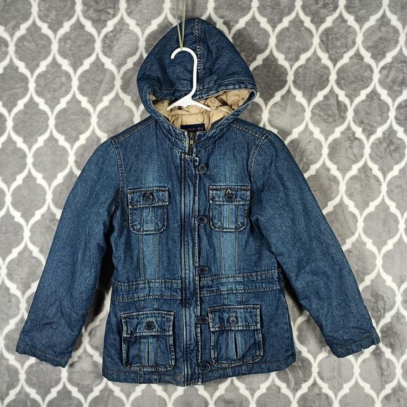 Limited Too Jacket Girls 10 Blue Denim Hooded Quilted Lined Zip Button Pockets - Picture 1 of 10